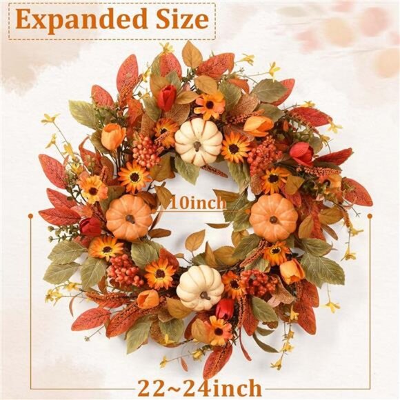 Fall Wreaths for Front Door Outside, 22 Inch Fall Decorations for Home - Picture 4 of 7